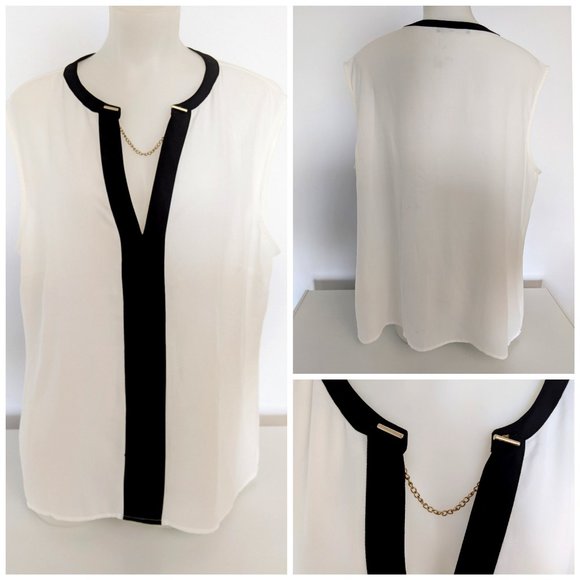 Chic Black & White Sleeveless Deep V Neck Blouse W/ Golden Chain Sz L, NWOT - Picture 1 of 2